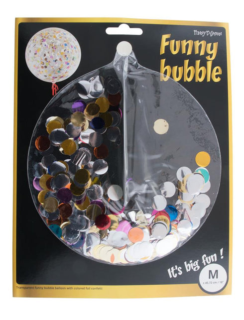 Verpakking van de bubbelballon met losse folieconfetti, maat M van circa 45,72 cm
