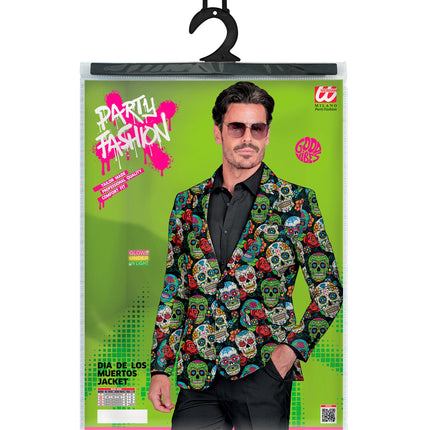Verpakking van het colbert day of the dead Skully met maattabel S tot XXL