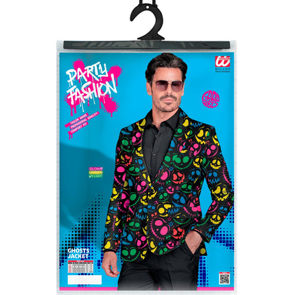 Verpakking van het colbert grappige geesten met maattabel S tot XXL en uv-licht vermelding