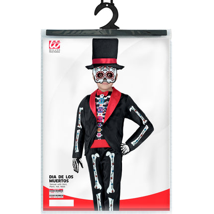Verpakking dag van de doden kostuum jongen Sanne met rokjas, shirt, broek, hoed en masker