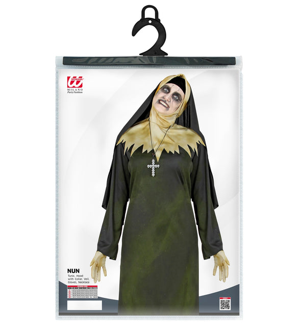 Verpakking demonisch nonnenpak met maattabel voor damesmaten S tot XXXL