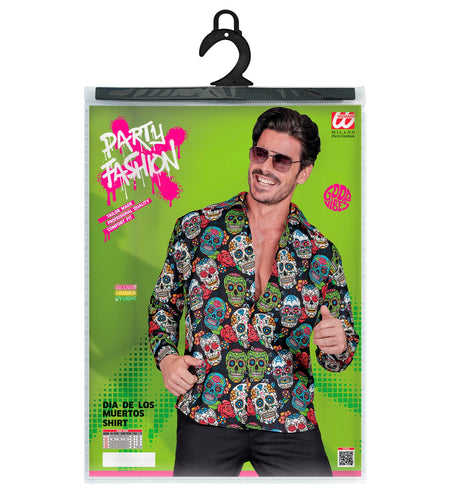Verpakking van het dia de los muertos shirt van Widmann met maattabel S tot XXL
