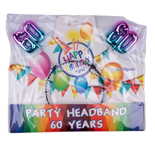 Verpakking van de diadeem 60 jaar regenboog van Funny Fashion met de cijfers 60 op veertjes