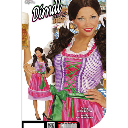 Verpakking dirndl jurk roze groen met jurk en schort, Beiers geruit lijfje in close-up