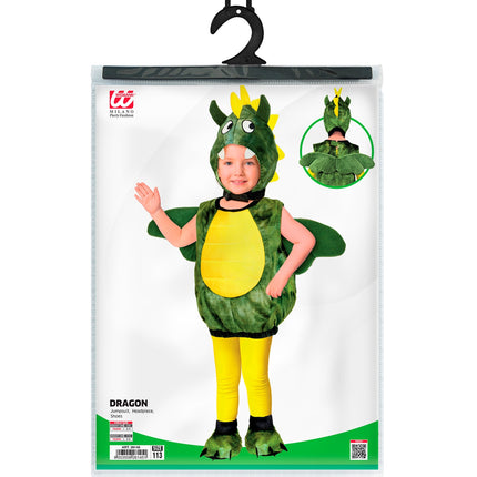 Verpakking drakenpak kinderen met jumpsuit, hoofddeksel en schoenen in kindermaat