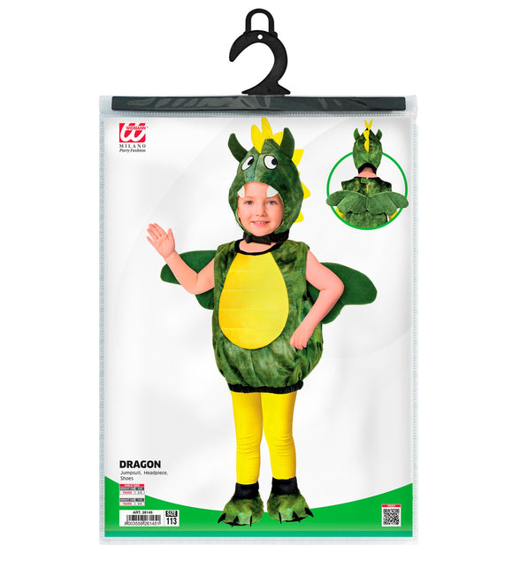 Verpakking drakenpak kinderen met jumpsuit, hoofddeksel en schoenen in kindermaat