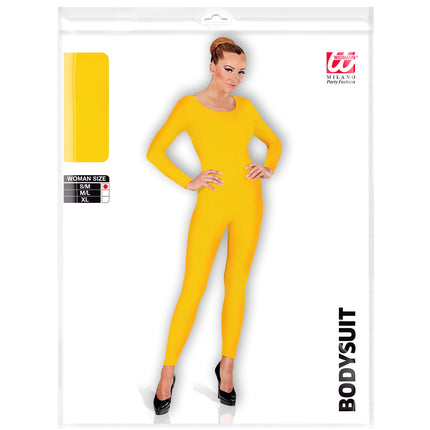Verpakking van de gele body lang voor dames van Widmann met maattabel S/M, M/L en XL