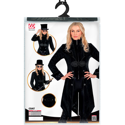 Verpakking van de gothic jas dame Vera met damesmaten XS tot XXL op de maattabel