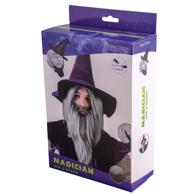 Verpakking van de grijze tovenaarspruik met baard van Funny Fashion, set met pruik en losse baard