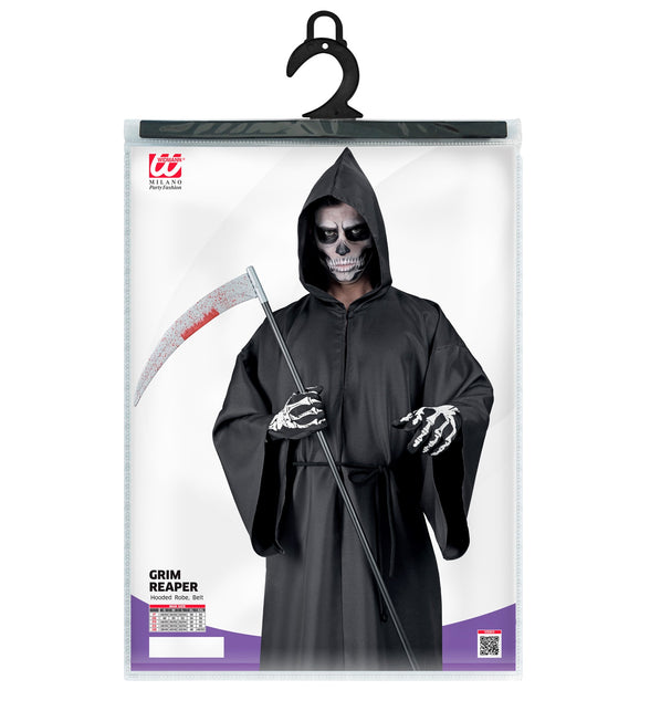 Verpakking grimreaper kostuum Donny met maattabel voor heren, cape met kap en riem