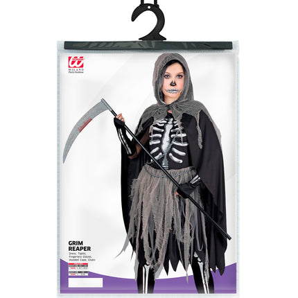 Verpakking Grimreaper kostuum kinderen Skelety met maataanduiding 128, 140 en 158 cm