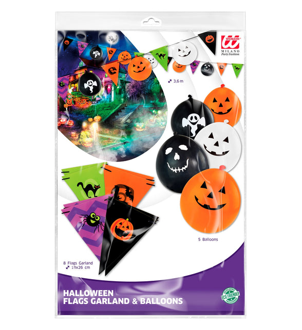 Verpakking halloween slinger meerkleurig met vlaggetjes van 18 x 26 cm en vijf ballonnen