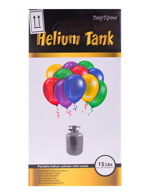Verpakking heliumtank 15 lbs voor circa 30 ballonnen, met gekleurde feestballonnen op de doos