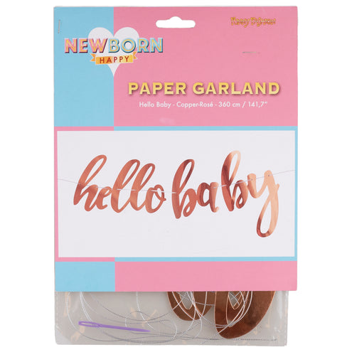 Verpakking van de Hello Baby slinger 360 cm met opgerolde rosé gouden letters, koord en rijgnaald