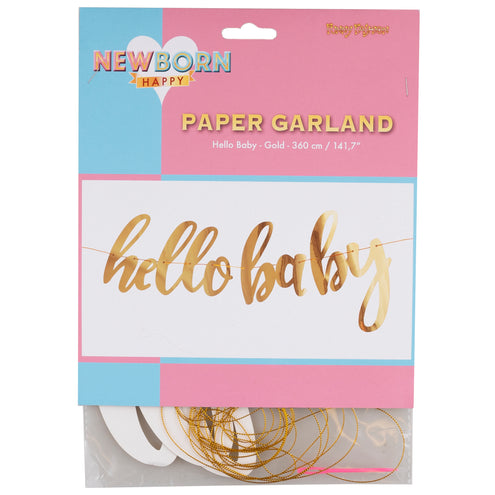Verpakking van de Hello Baby slinger van Funny Fashion met losse gouden papierletters en rijgkoord, 360 cm
