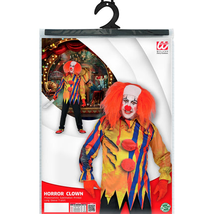 Verpakking van het horror clown shirt psycho met maattabel van Widmann