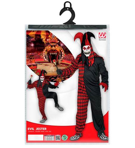 Verpakking horror harlekijnspak met jumpsuit, masker met capuchon en hoed in maten S tot XL