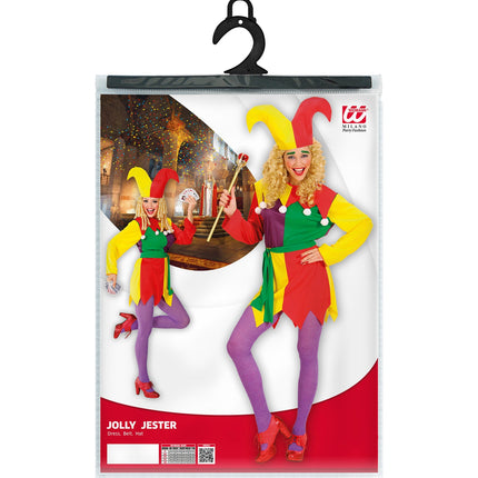 Verpakking van het Joker kostuum dames Nar met jurk, riem en hoed en maattabel S tot XL