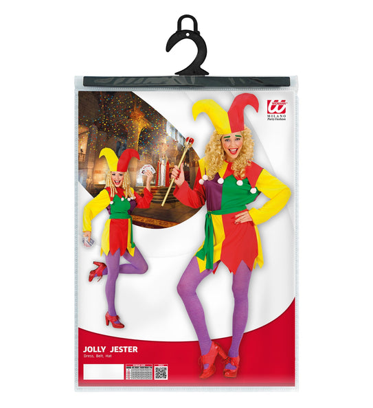 Verpakking van het Joker kostuum dames Nar met jurk, riem en hoed en maattabel S tot XL