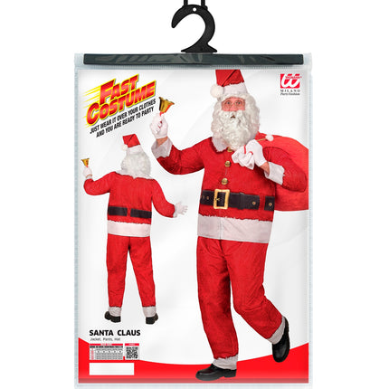 Verpakking van het kerstman kostuum Thijs met jas, broek en muts in herenmaten