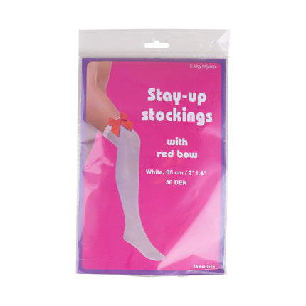 Verpakking kniekousen wit met rode strik, 65 cm en 30 denier van Funny Fashion