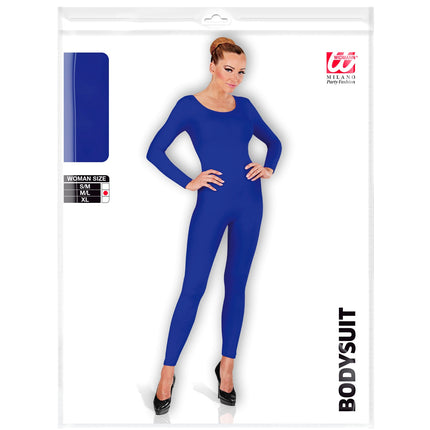Verpakking van de lange blauwe body voor dames met maattabel S/M, M/L en XL
