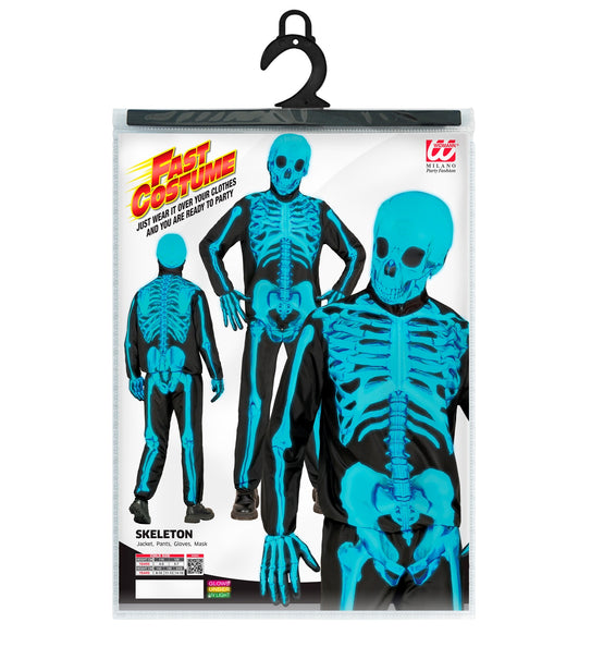 Verpakking neon skelet kostuum kind met kindermaten 116 tot 164 cm en uv-vermelding