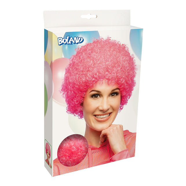 Verpakking van de neonroze afropruik van Boland met productfoto op de doos