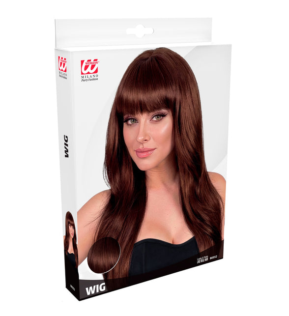 Verpakking van de pruik beautiful bruin van Widmann met detailfoto van het steile bruine haar