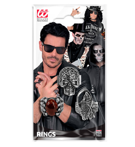 Verpakking ringen Halloween heren met schedelring, klauwring en zeisring voor Halloween
