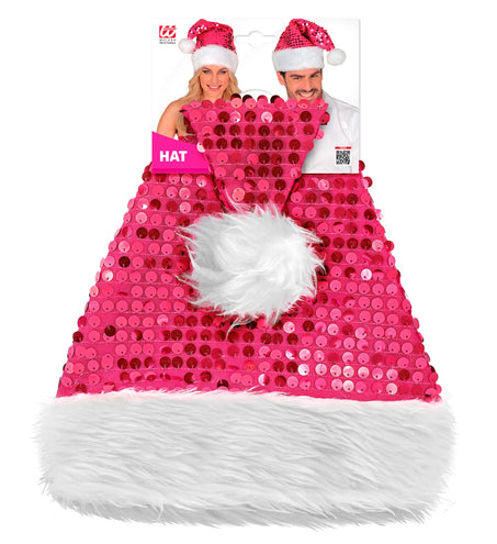 Verpakking van de roze paillettenkerstmuts met witte pluche pompon