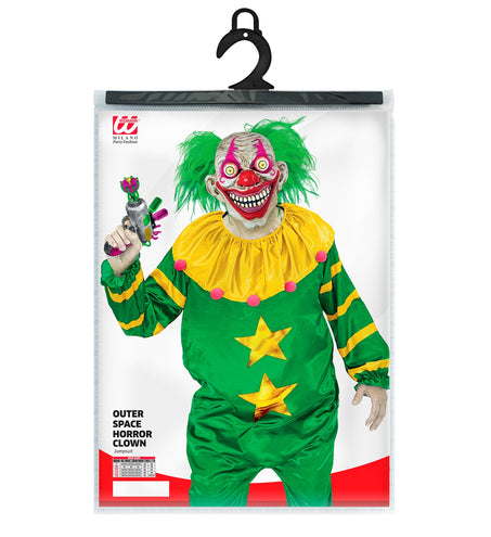 Verpakking van het ruimte horror clown kostuum Mees van Widmann met maattabel S tot XXL
