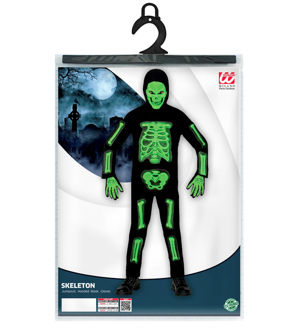 Verpakking van het skelet pak 3D groen kinderen met kindermaten 116 tot 158 cm voor Halloween