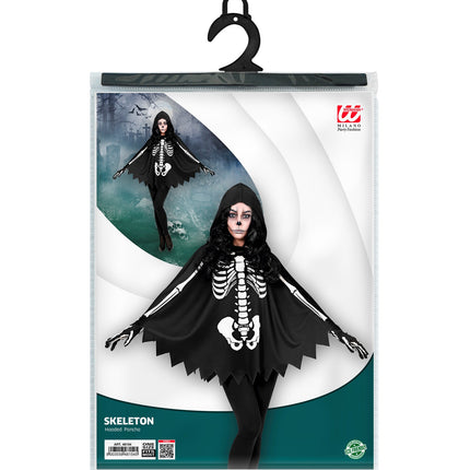 Verpakking van de skelet poncho volwassenen met hangkaart en afbeelding van de skeletprint