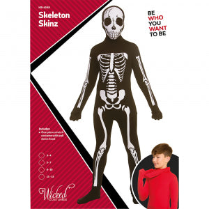 Verpakking van het skeleton second skin kostuum kids met het pak op de voorkant en de kap in de nek