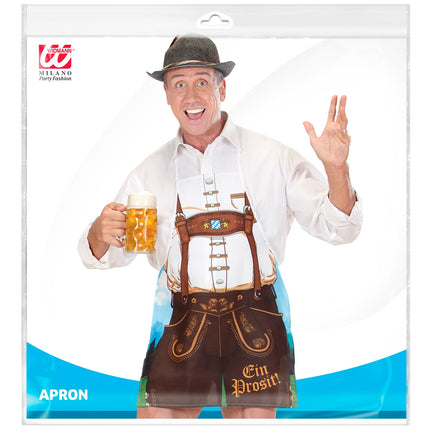 Verpakking van het Tiroler schort Lederhose Alex van Widmann met afbeelding van het schort
