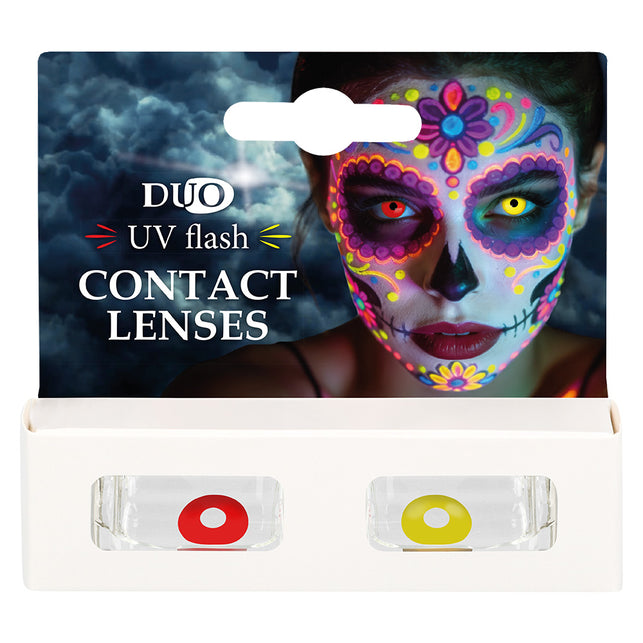 Verpakking van de UV Burst contactlenzen rood geel met een rode en een gele lens in aparte bakjes