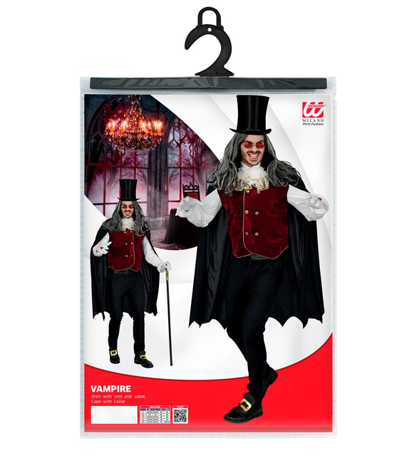 Verpakking vampier pak Donny met shirt, vest, jabot en cape in herenmaten M tot XXL