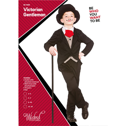 Verpakking van het Victoriaans kinderkostuum met jas, hemdje met jabot, broek en hoed van Wicked Costumes