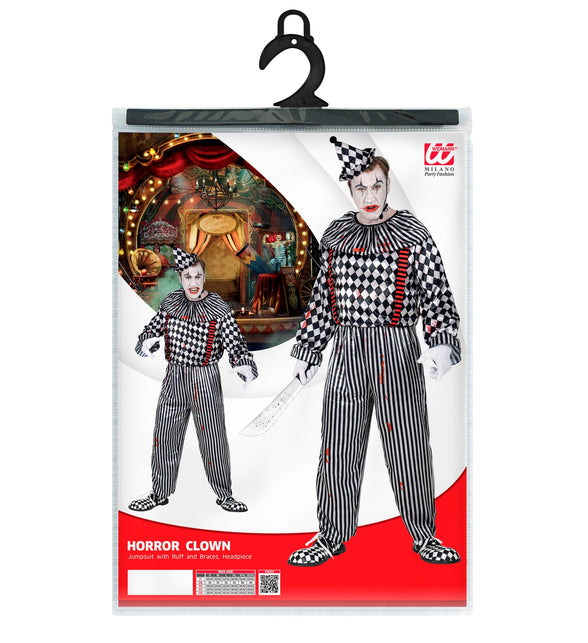 Verpakking vintage clownspak met jumpsuit, kraag met bretels en hoofddeksel in de maten S tot XXXL