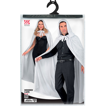 Verpakking van de witte cape met kap van Widmann, lengte 140 cm