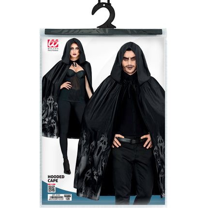 Verpakking van de zwarte cape met capuchon van Widmann, lengte 120 cm