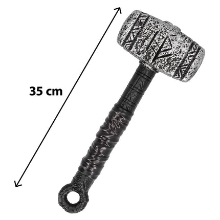 Viking power hamer van 35 cm met zilvergrijze runenkop en zwart omwikkelde steel met ring
