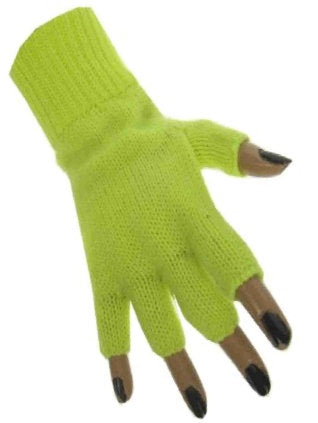 Vingerloze handschoenen fluor geel, gebreid met ribboord en vier open vingertoppen, voor een neonfeest