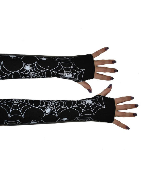 Vingerloze handschoenen met spinnenweb print, zwart met witte webben en spinnetjes, voor Halloween
