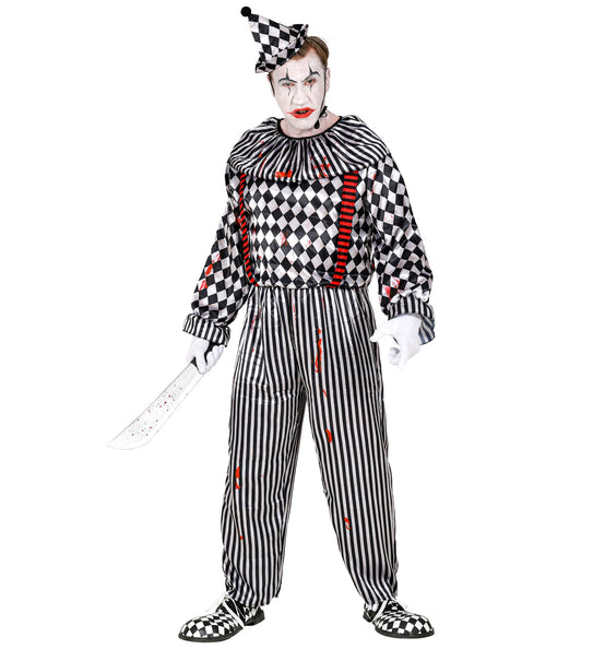 Vintage clownspak volwassenen met zwart-wit ruitdessin, rode bretels en puntig hoedje voor Halloween