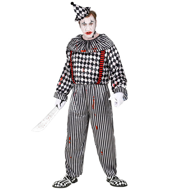Vintage clownspak volwassenen met zwart-wit ruitdessin, rode bretels en puntig hoedje voor Halloween