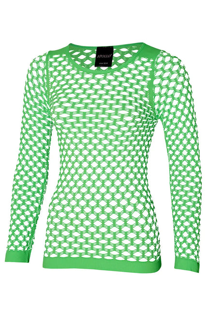 Visnet shirt groen dames met lange mouw en grove mazen, voorkant