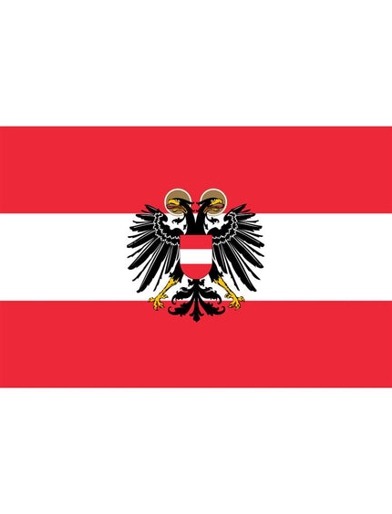 Vlag Oostenrijk met rood-witte banen en zwart-goud wapen met adelaar, 90 x 150 cm