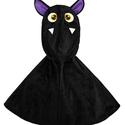 Vleermuis poncho kind zonder model: ronde zwarte cape met vaste kap, puntoren en opgestikte ogen